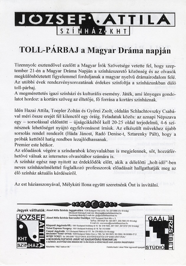 A Tollpárbaj szórólapja József Attila Színház, 2002. szeptember 21.